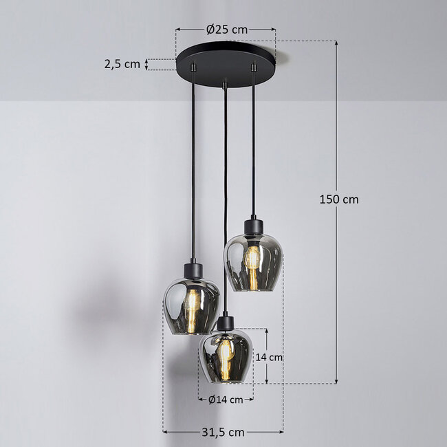 Design-Hängeleuchte mit Rauchglas 3-flammig - Kansas