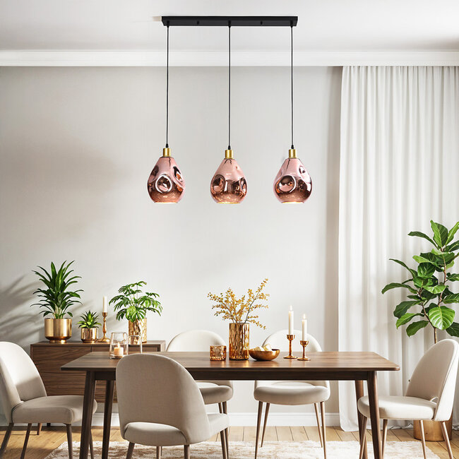 Design-Hängeleuchte Rick mit roségoldenem Glas, 3-flammig