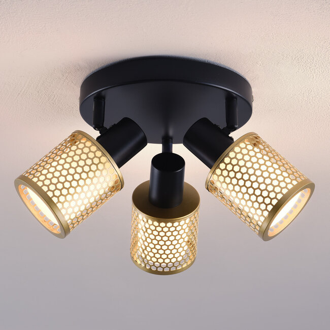 Design-Deckenleuchte schwarz mit Gold, 3-flammig - Gull