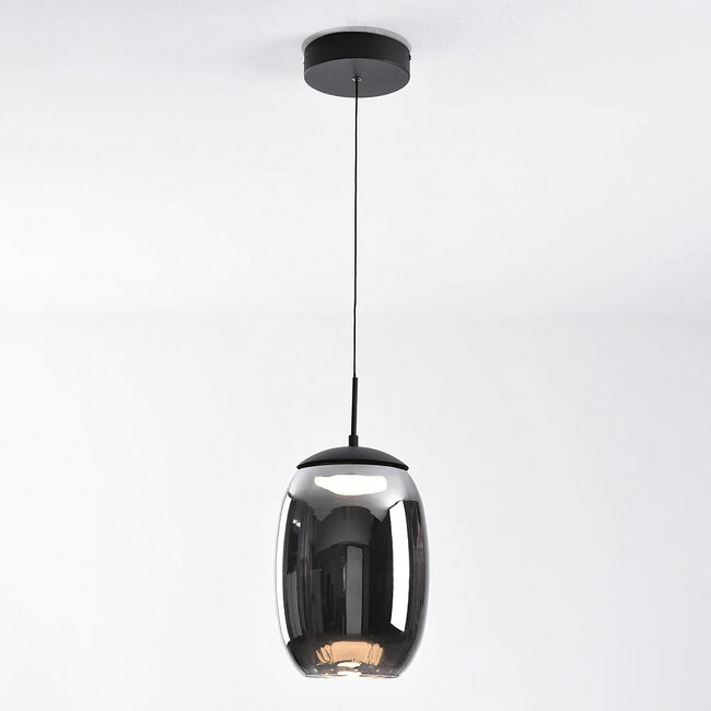 Schwarze Pendelleuchte Nadine mit rauchgrauem Glas, 3-stufig dimmbar