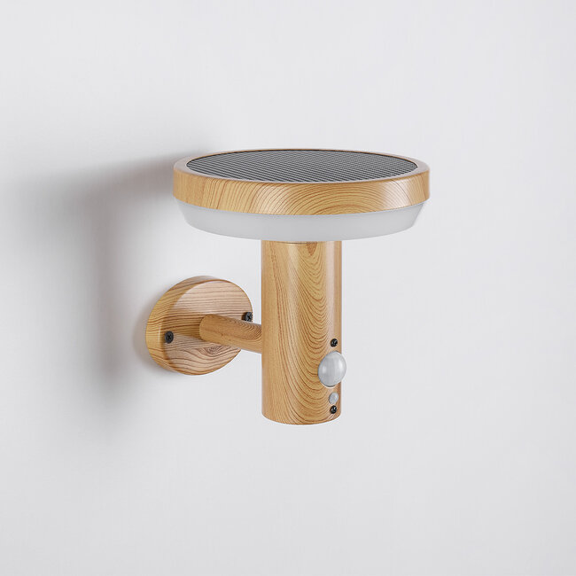 Moderne Solar-Außenwandleuchte Dimmy mit Sensor - Holzoptik