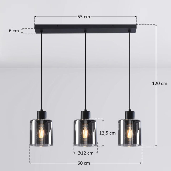 3-flammige Pendelleuchte Palaio - Rauchglas und Schwarz