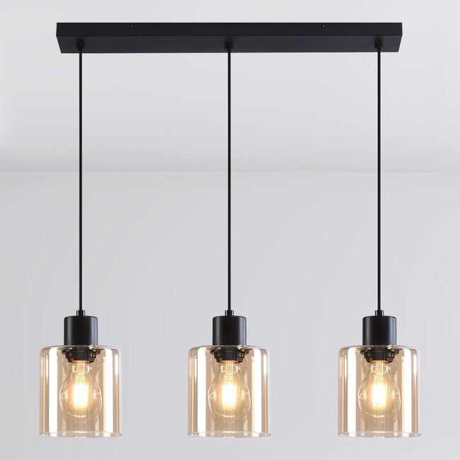 Schwarze Pendelleuchte Palaio mit amber Glas, 3-flammig
