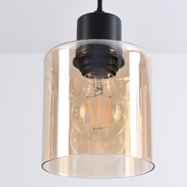 Schwarze Pendelleuchte Palaio mit amber Glas, 3-flammig