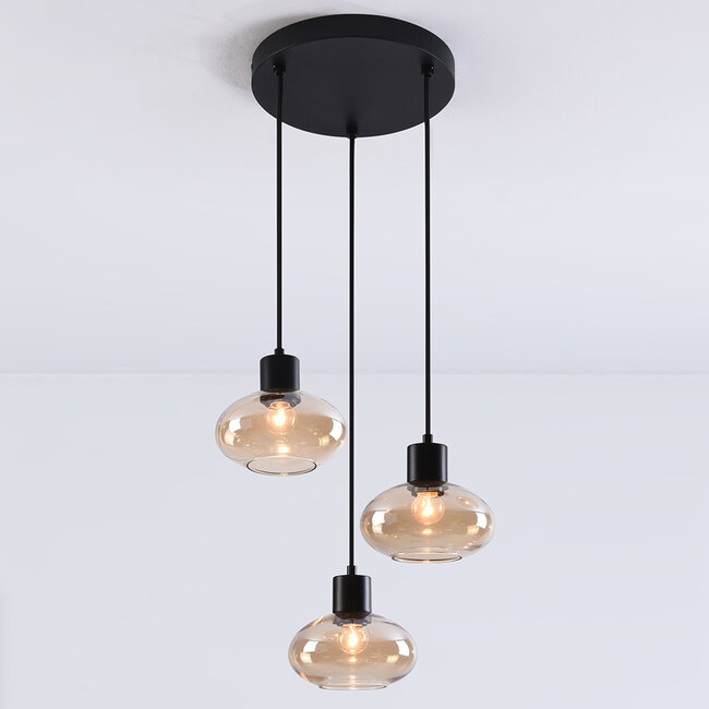Moderne 3-flammige Pendelleuchte Vida - Amberglas und Schwarz