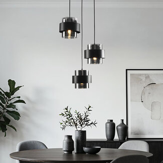 Schwarze Pendelleuchte Fynna mit Rauchglas, 3-flammig