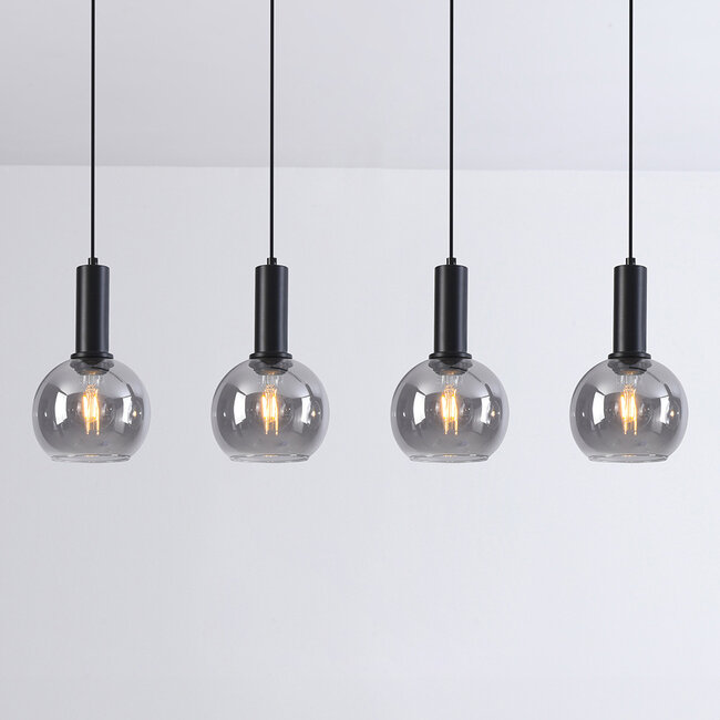 Schwarze Pendelleuchte Imke mit Rauchglas, 4-flammig