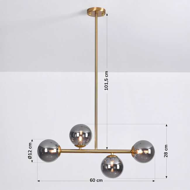 Design-Deckenleuchte Gold mit Rauchglas, 4-flammig - Asun