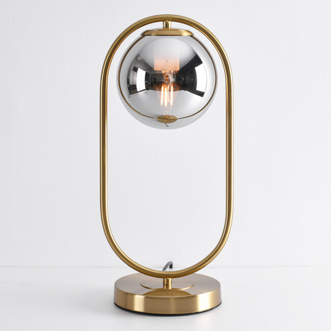 Goldene Design-Tischlampe George - Rauchglas mit Spiegeleffekt