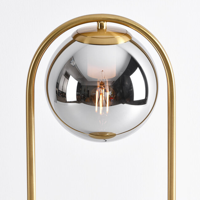 Goldene Design-Tischlampe George - Rauchglas mit Spiegeleffekt