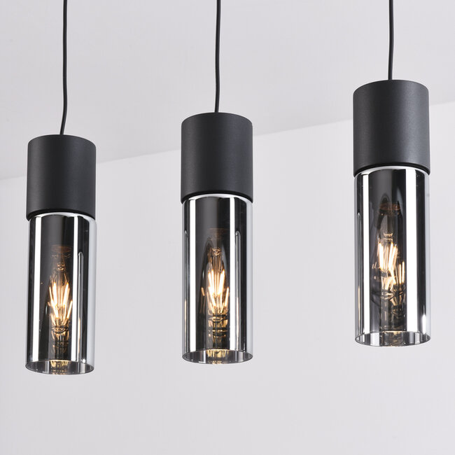 Zwarte hanglamp met 3-lichts en smoke glas - Esila