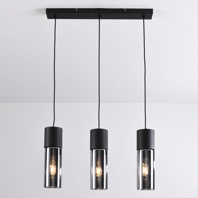 3-flammige Hängelampe Esila - Rauchglas und Schwarz, länglich