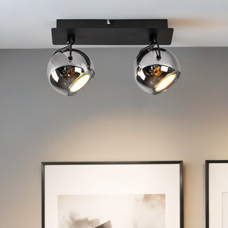 Moderne plafondlamp met smoke glas en 2 spots, zwart - Jari