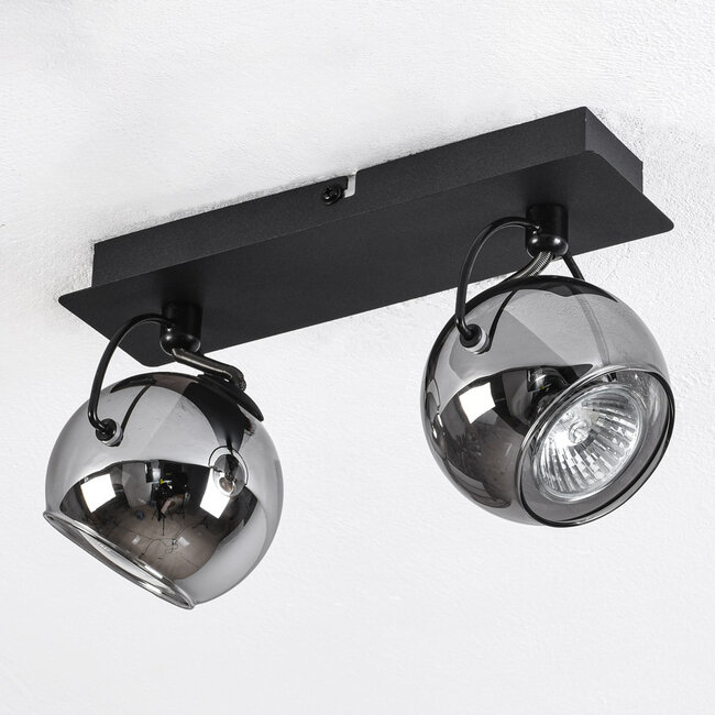 Moderne plafondlamp met smoke glas en 2 spots, zwart - Jari