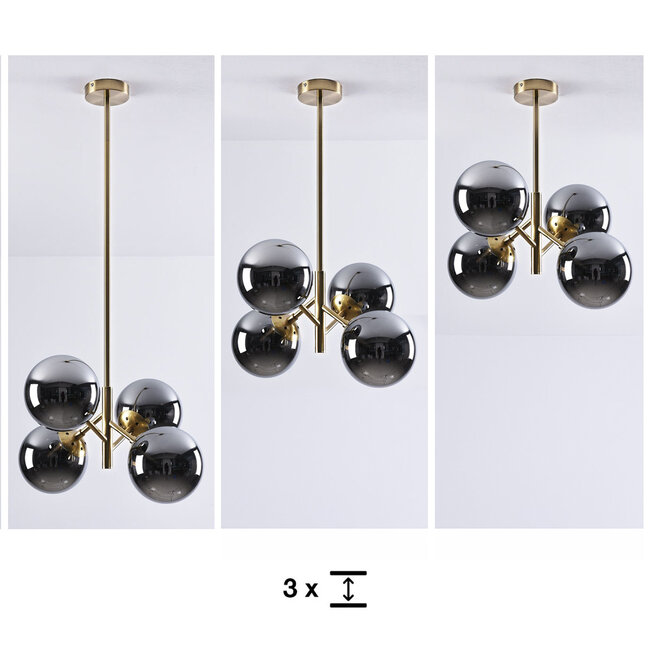 Retro hanglamp goud met smoke glas en spiegeleffect, 4-lichts - Florence