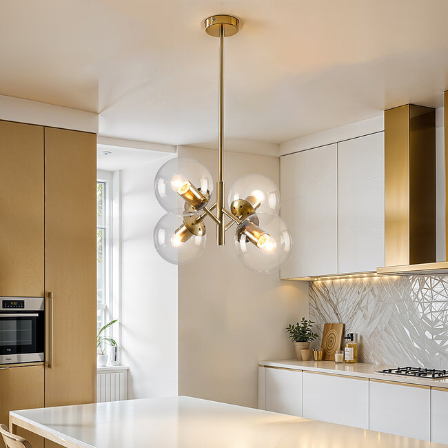 Retro hanglamp goud met transparant glas, 4-lichts - Florence