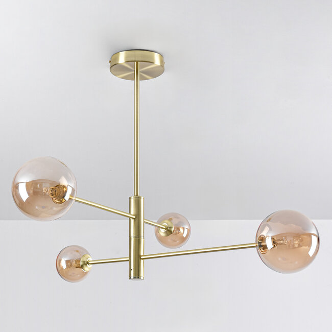 Goldene Deckenleuchte Stiri 4-flammig mit amber Glas
