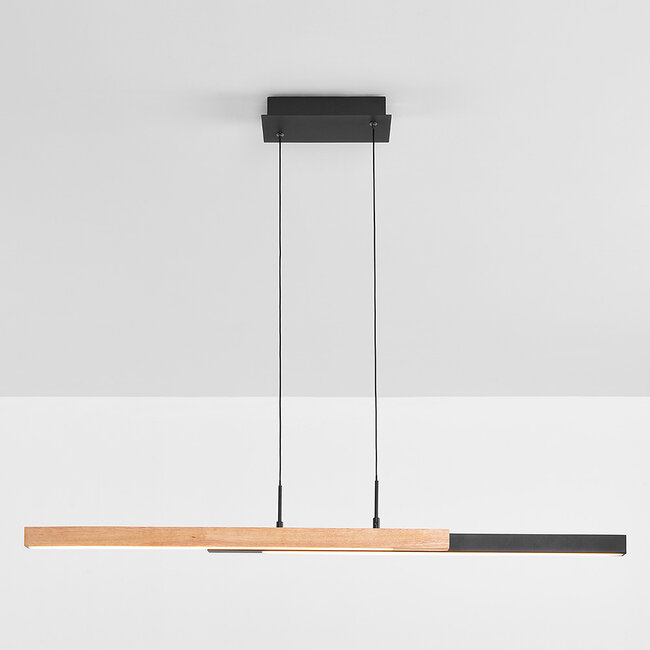 Dimmbare Design-Pendelleuchte Leia - schwarz mit hellem Holz