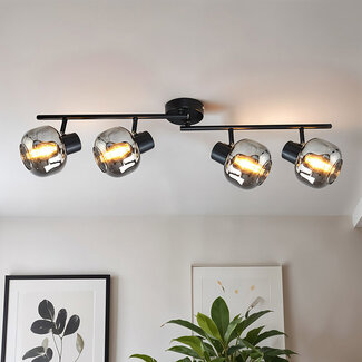 Zwarte plafondlamp met smoke glas en spiegeleffect, 4-lichts - Jenthe