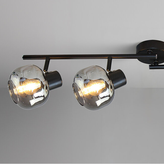 Zwarte plafondlamp met smoke glas en spiegeleffect, 4-lichts - Jenthe