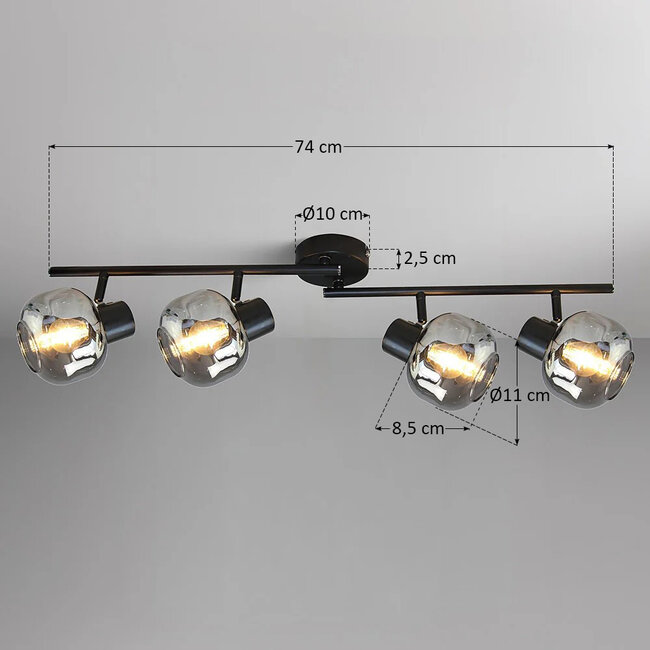 Zwarte plafondlamp met smoke glas en spiegeleffect, 4-lichts - Jenthe
