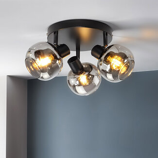Ronde plafondlamp zwart met smoke glas en spiegeleffect, 3-lichts - Jenthe