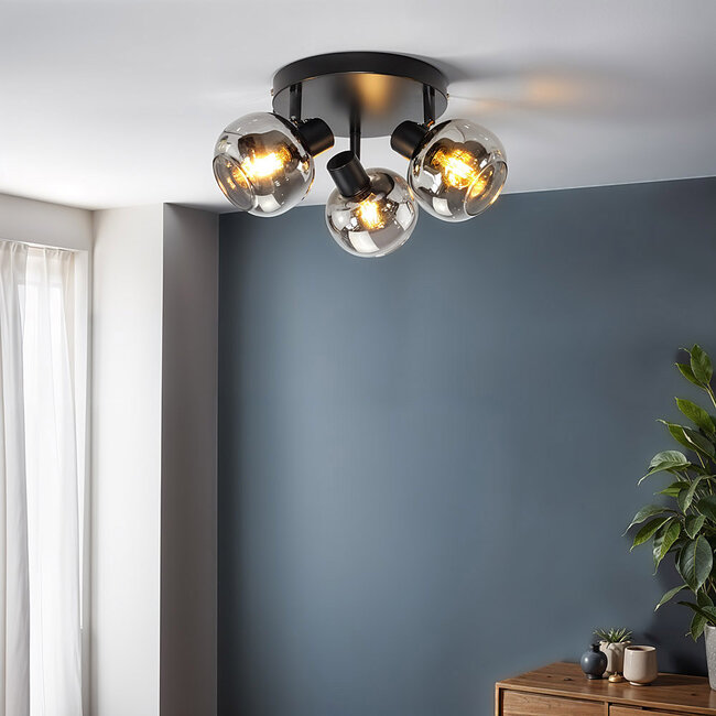 Ronde plafondlamp zwart met smoke glas en spiegeleffect, 3-lichts - Jenthe