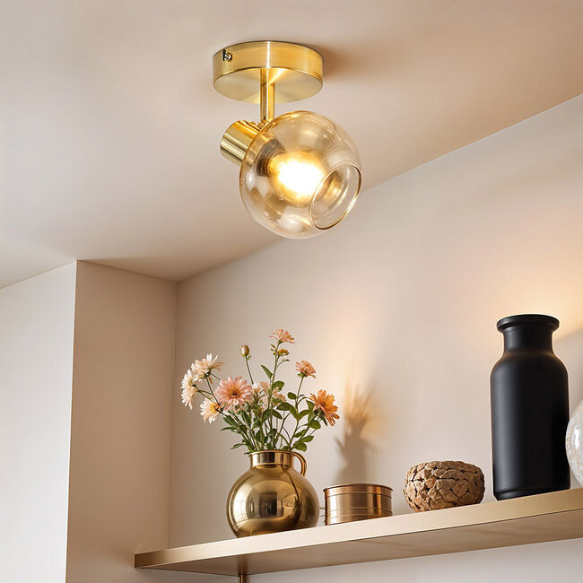 Plafondlamp goud met amber glas, 1-lichts - Jenthe
