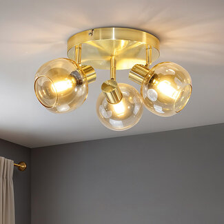 Runde Deckenleuchte Gold mit amber Glas, 3-flammig - Jenthe
