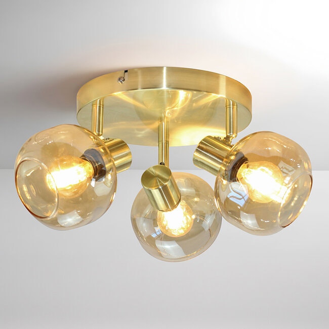 Runde Deckenleuchte Gold mit amber Glas, 3-flammig - Jenthe