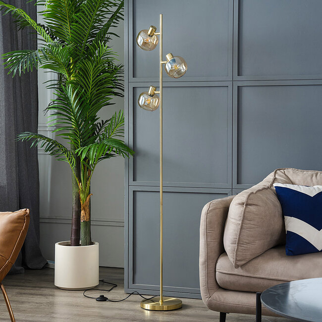 Stehleuchte gold mit amber Glas, 3-flammig - Jesse