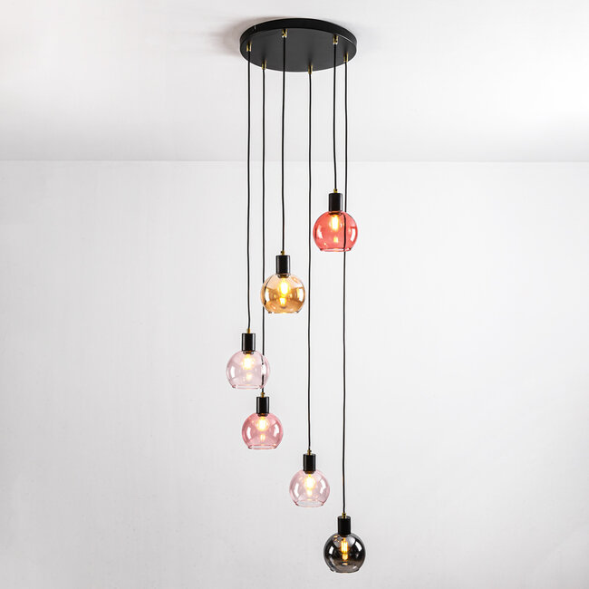 Pendelleuchte schwarz mit amber, rauchfarbenem und rosa Glas, 6-flammig - Monroe
