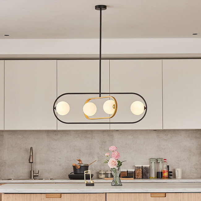 4-flammige Design-Hängeleuchte Gaio - Schwarz und Gold mit Milchglas