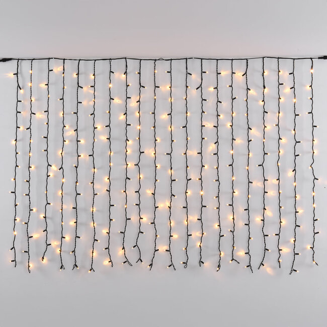 Lichtvorhang erweiterbar schwarz | ab 2 Meter | 300 LEDs | 2200K extra warmweiß mit Funkeln | Gummi