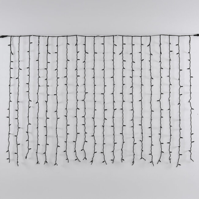 Lichtvorhang erweiterbar schwarz | ab 2 Meter | 300 LEDs | 2200K extra warmweiß mit Funkeln | Gummi
