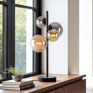 Design-Tischlampe Tessera Schwarz mit amber- und Rauchglas, 4-flammig