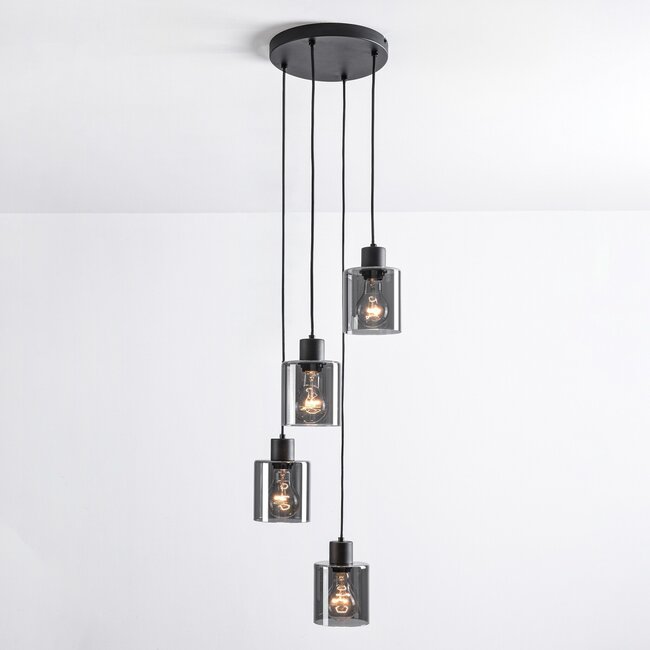 Design-Pendelleuchte Pella, 4-flammig - schwarz mit Rauchglas