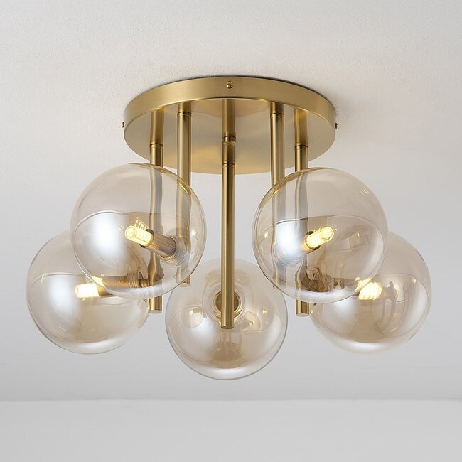 5-flammige Deckenlampe Amora - Messing und Cognacglas