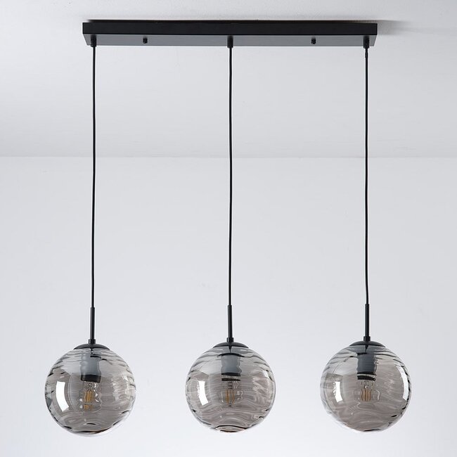 Moderne Pendelleuchte schwarz mit 3D gewelltem Rauchglas, 3-flammig - Carice