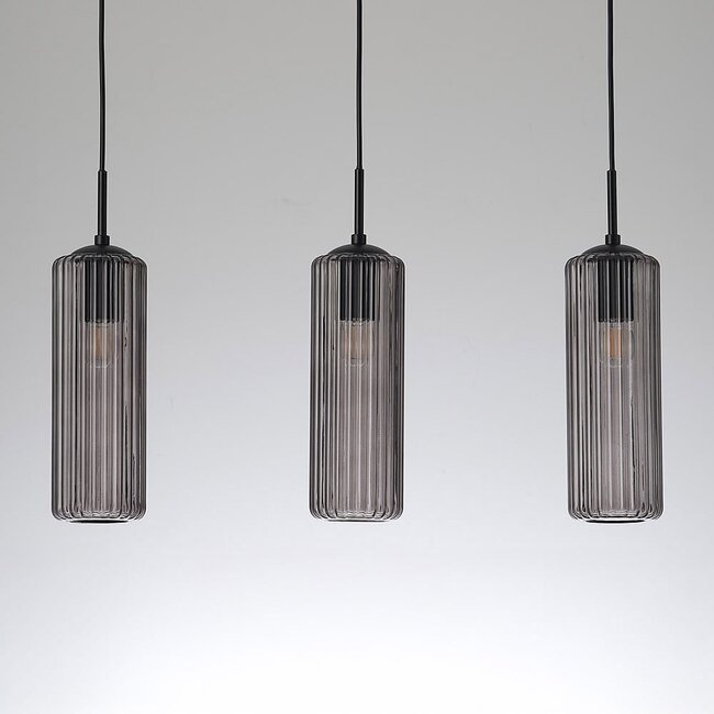 3-flammige Hängelampe Giove - Schwarz und geriffeltes Rauchglas