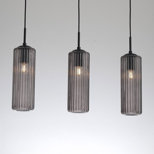 3-flammige Hängelampe Giove - Schwarz und geriffeltes Rauchglas