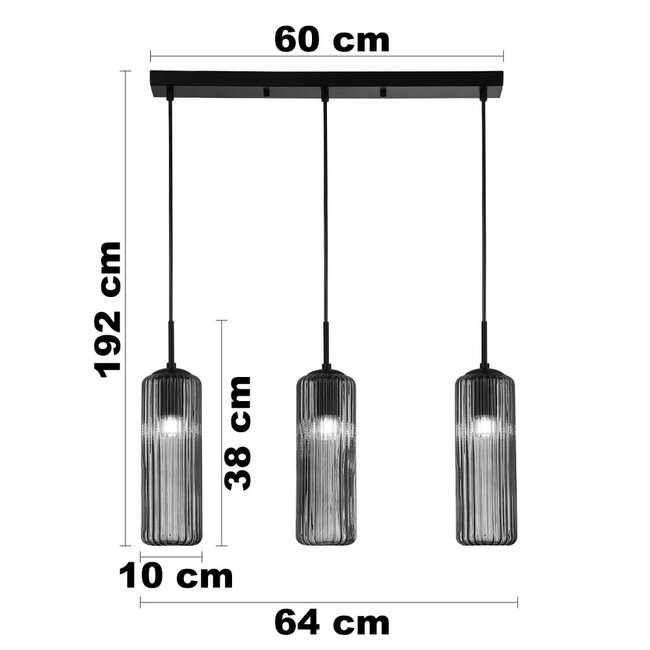 Retro-Pendelleuchte schwarz mit geriffeltem Rauchglas, 3-flammig - Giove