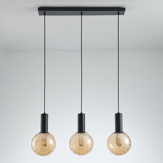 3-Licht-Pendelleuchte schwarz mit amber Glas - Anglia