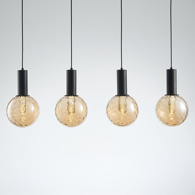 Schwarze 4-Licht-Pendelleuchte mit amber Glas - Anglia