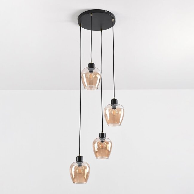 4-flammige-Hängeleuchte mit amber Glas - Raleigh
