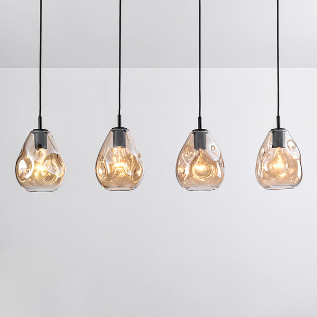 Moderne 4-flammige Hängelampe Schwarz mit amber Glas - Faliste