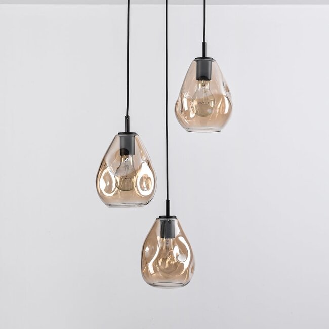 Design-Pendelleuchte Schwarz mit amber Glas, 3-flammig - Lainas