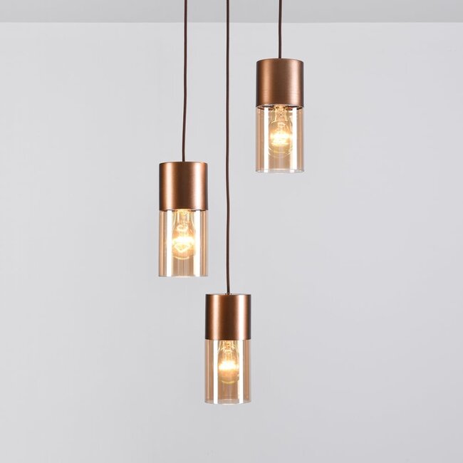 3-flammige Design-Pendelleuchte bronze mit amber Glas - Latte