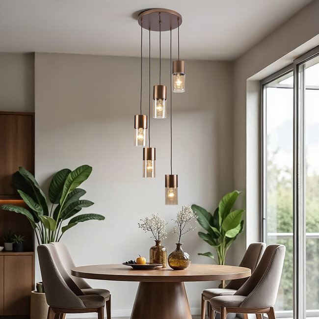 5-flammige Design-Pendelleuchte bronze mit amber Glas - Cortado