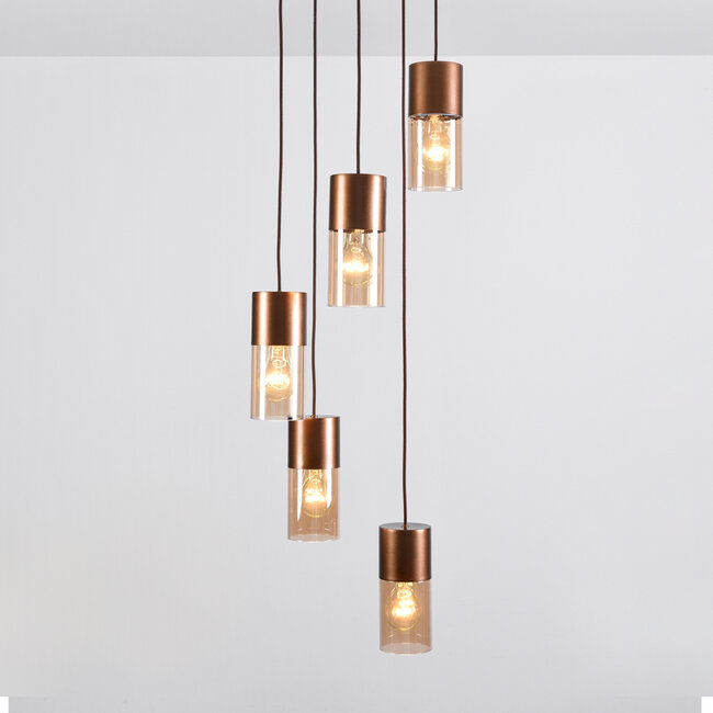 5-flammige Design-Pendelleuchte bronze mit amber Glas - Cortado